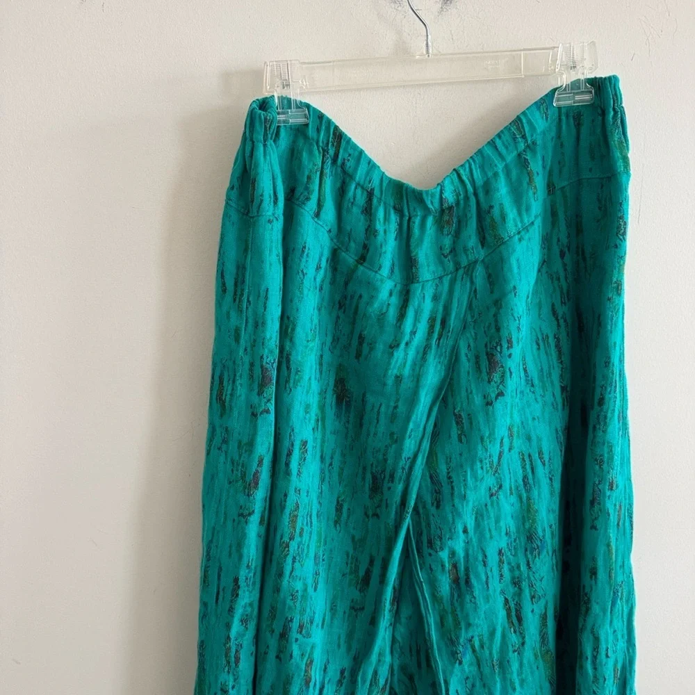 Click linen teal blue black printed flowy wide leg drapey pull on pants size XXL